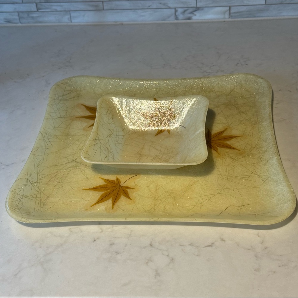 Mid-Century Modern Fiberglass Maple Leaf Serving Tray & Dish